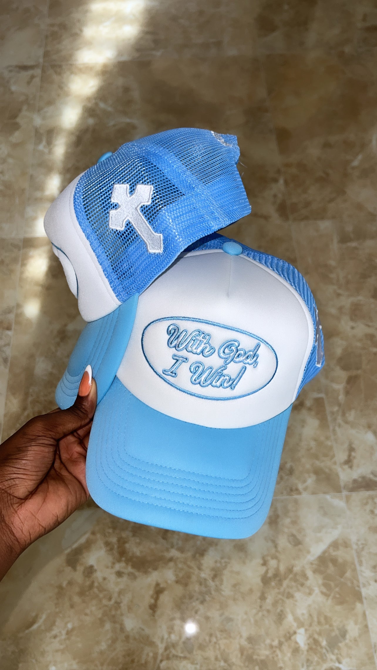 Foam Trucker Hat Sky Blue with White Print